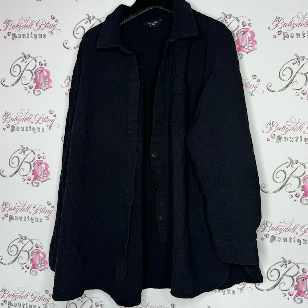 Rachel Roy Button down long sleeve polo black soft beachy flowy comfy xxl
